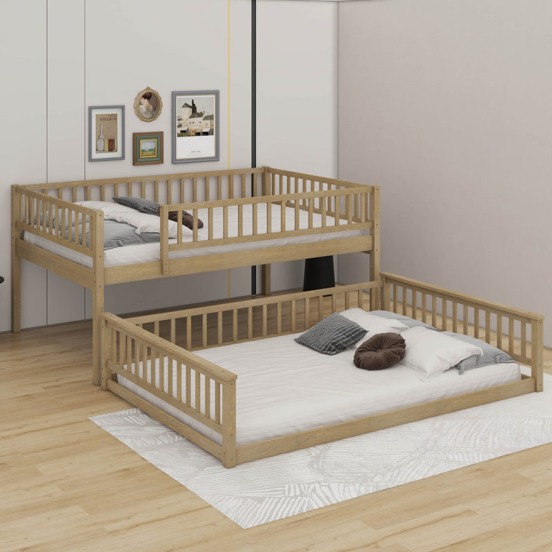 Queen Over Queen Bunk Bed With Ladder And Guardrails, Walnut