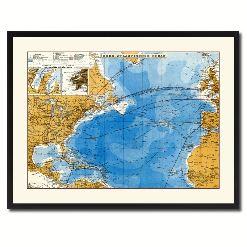 North Atlantic Telegraph Lines Stieler, reproduction de carte sur toile avec cadre, 28 x 37