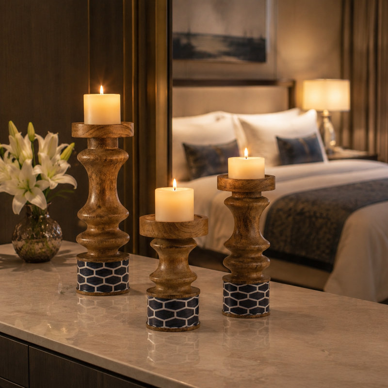  Handcrafted Mango Wood Pillar Candle Holder Set of 3 