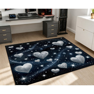 Romantic Galaxy Heart Machine Washable Area Rug with Non‑Slip Backing, Stars and Hearts Pattern Floor Carpet, Cozy Indoor Home Decor for Living Room, Bedroom, Entryway, Front Door, Kitchen, Balcony, Apartment