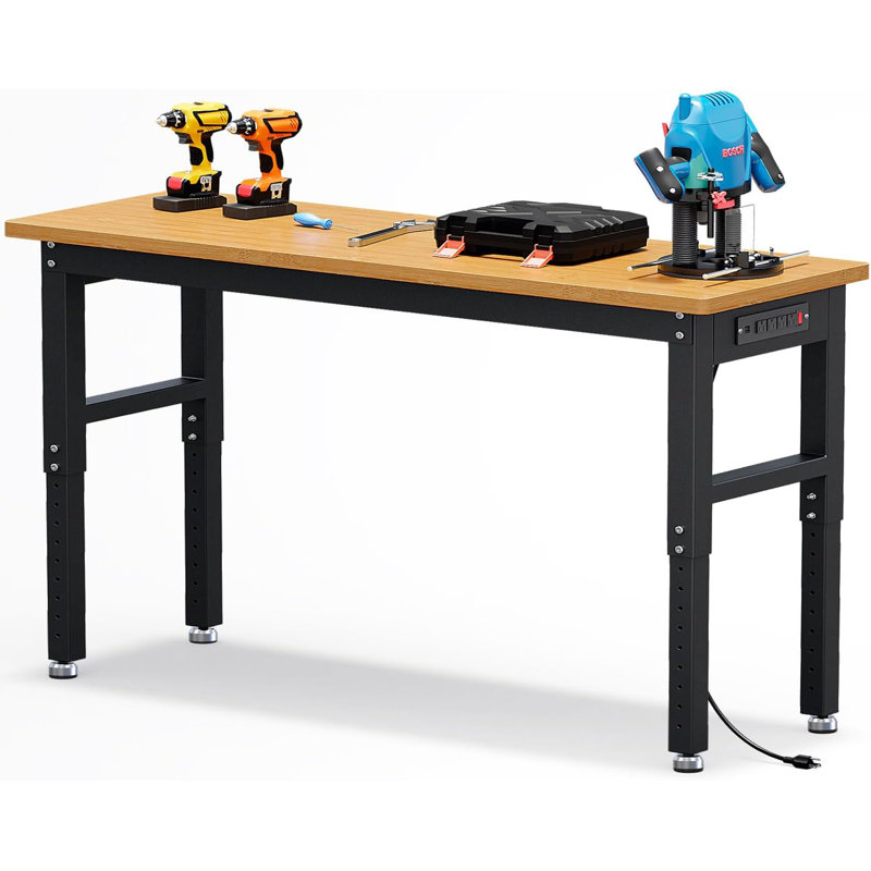 60" Heavy Duty Workbench, Max Capacity 2200 LBS Adjustable Height Solid Wood Work Bench Table, Work Bench Station for Garage, Shop, Home, Office