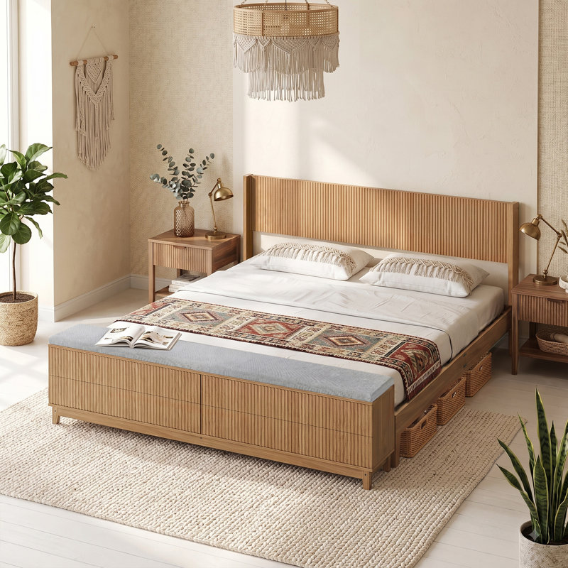 Structure de lit en bois avec banc de rangement intégré au pied de lit, 4 tiroirs, tête de lit couleur chêne, King, Brown