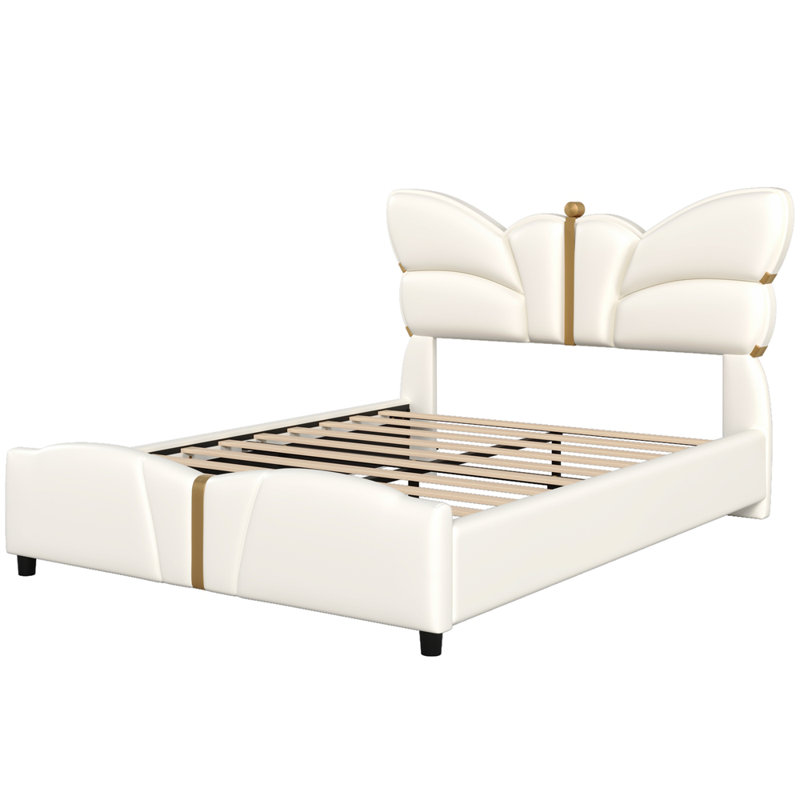 Structure de lit double rembourrée en cuir de polyuréthane, avec tête et pied de lit en forme de papillon, structure de lit plateforme avec décorations en métal doré, aucun sommier nécessaire, beige