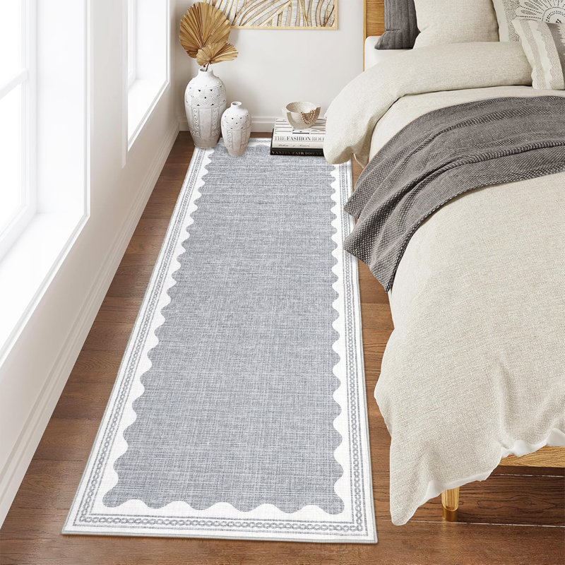 Scalloped Machine Washable Rug Modern Solid Floor Mats with Non-Slip Backing, Stain-Resistant Low Pile Accent Rug, Contemporary Indoor Carpet for Living Room, Bedroom, Office