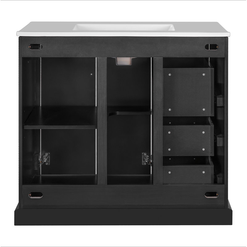 Meuble-lavabo moderne 36 po avec lavabo en céramique, porte à fermeture douce, tablette réglable et 3 tiroirs, Noir