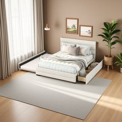 Grand lit plateforme tapissier avec lit gigogne simple et deux tiroirs