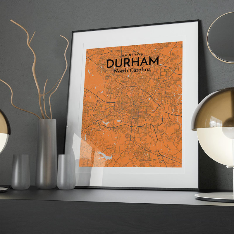 Durham City Map, impression, H 20 po x l 16 po, Orange et gris
