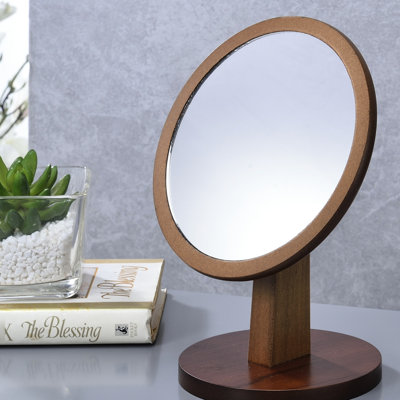 Miroir de maquillage de 9,5 po de hauteur et en bois sur support - charmant miroir de 7 po de diamètre en noyer