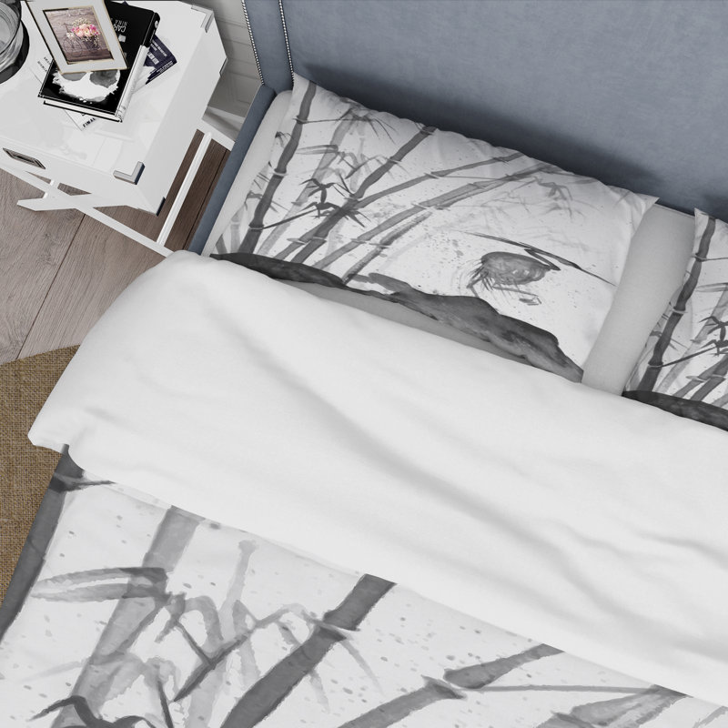 Héron monochrome et bambou - ensemble de housse de couette traditionnel - microfibre de polyester