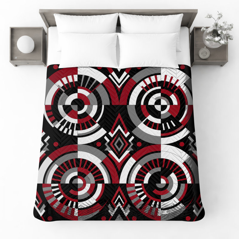 Couvre-lit matelassé noir et rouge à motif géométrique, Full / Double