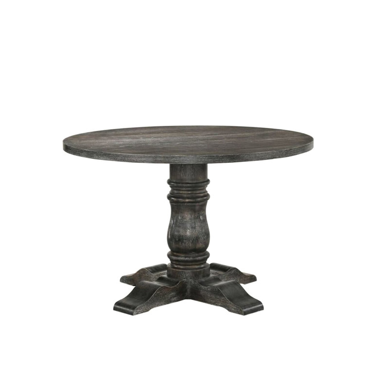 Table ronde simple à piédestal gris vieilli pour la salle à manger, placage de chêne noueux et plateau fixe, support colonne 14 po Empire, 47 po x 47 po x 36 po, 99 lb, table de finition rustique fonctionnelle, surface, base, 47 po