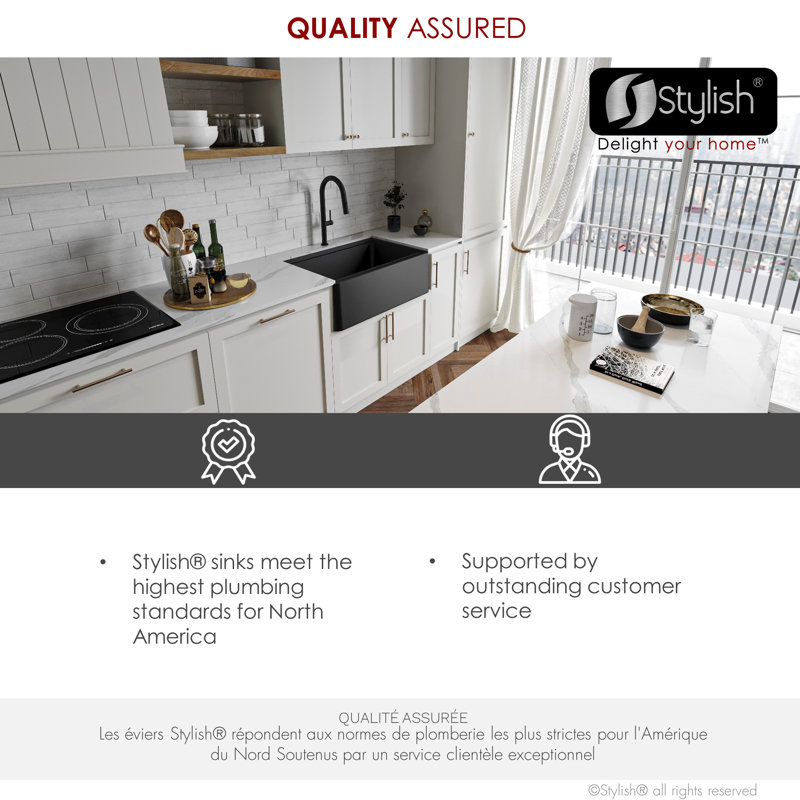 Stylish Undermount 30" Single Bowl Black Composite Granite Apron Kitchen Sink, Black