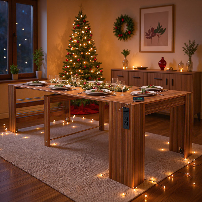 20-118" Extendable Folding Dining Table with USB Charging Ports and Side Storage Shelves, Brown