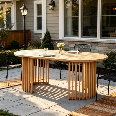 Table de salle à manger de patio ovale en bois d'acacia massif avec base à lattes unique