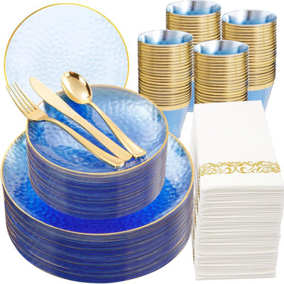 WELLIFE 175 Pcs Blue Hammered Plastic Dinnerware Set, Include: 25 Dinner & Dessert Plates, 25 Cups, 25 Gold Cutlery Set and Napkins