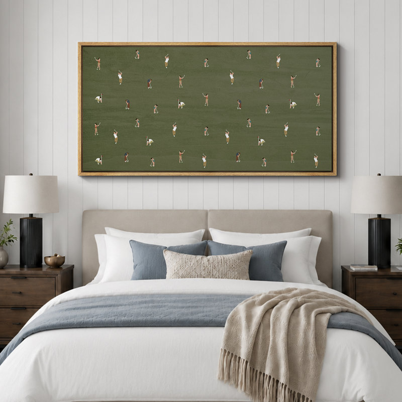 «Whimsical Golfers on Green», impression sur toile encadrée, décor Mid-Century ludique, H 30 po x l 60 po, Naturel