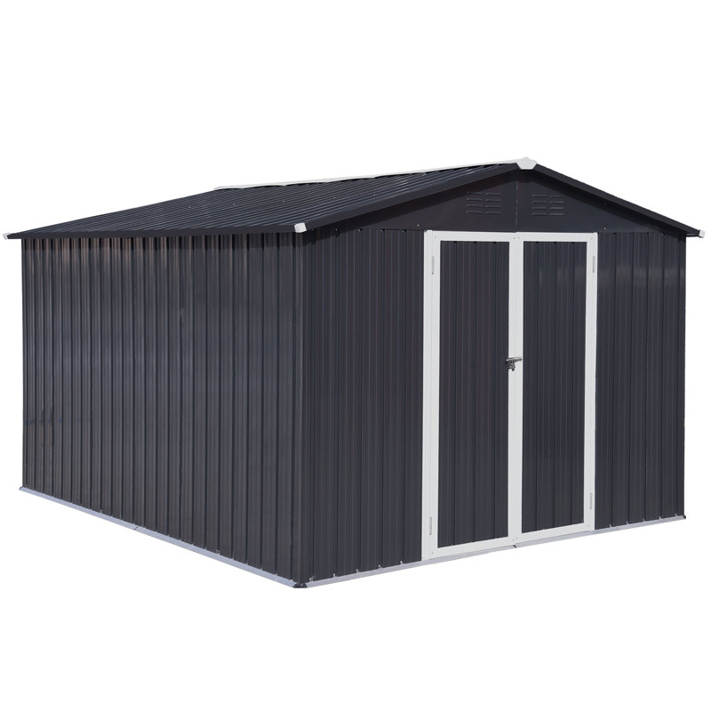 Metal garden sheds outdoor storage sheds, 75.1" H x 102.4" W x 70.5" D, Dark Gray/White