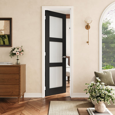 28" X 80" 3-Lite Black Frosted Glass Interior Prehung Door With Silver Hinges, Privacy Glass Door Slab With Frame, Sound-Dampening & Waterproof, Suit For Laundry, Closet Doors, Room Doors, Left Hand