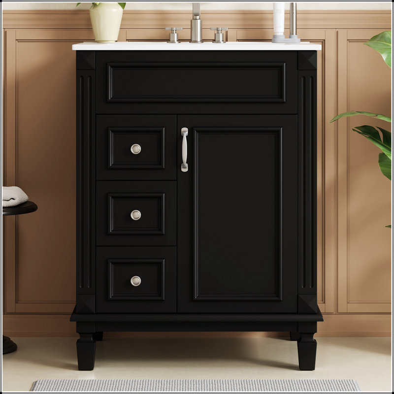 Meuble-lavabo de 24 pouces avec lavabo en céramique, conception compacte, 2 tiroirs et tablette réglable pour les petits espaces