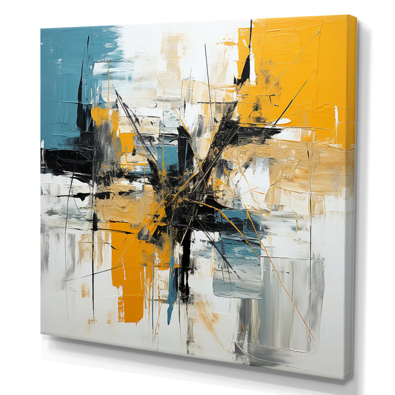 «Blue and Yellow Paint Elegance II», reproduction d'art murale abstraite, H 16 po x l 16 po x P 1 po, Toile tendue