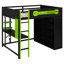 Lit mezzanine double en bois avec bureau, garde-robe ouverte et lumière RVB, vert