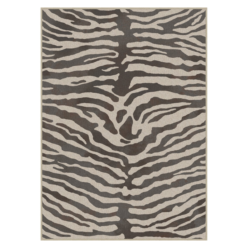 Safari Animal Print Zebra Machine Washable Beige / Black Indoor Area Rug with Non-Slip Backing, Rectangle 8' x 10'