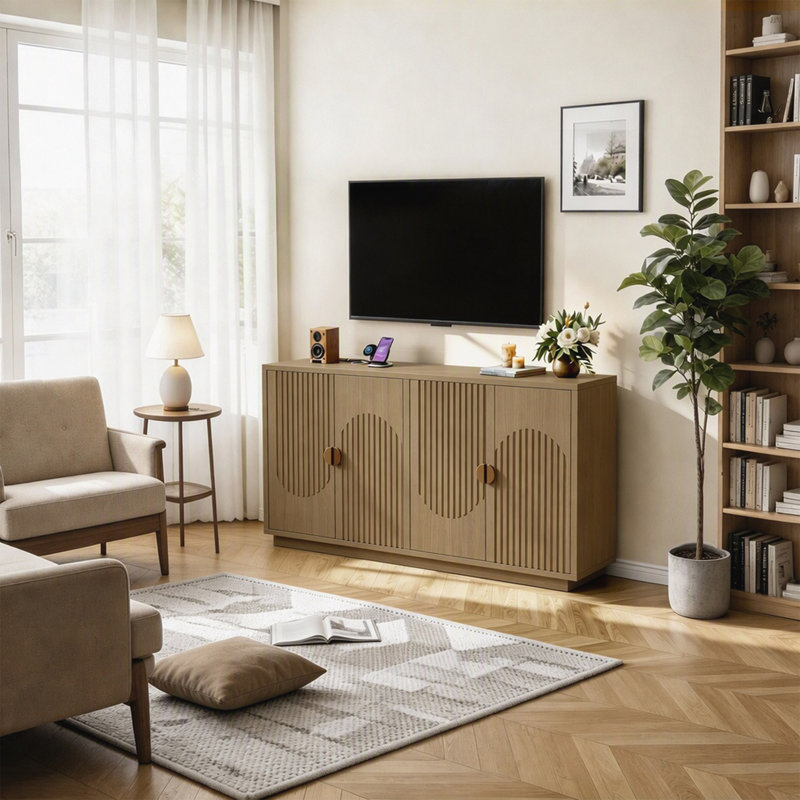Meuble télé 59 po Mid-Century avec rangement, console média pour téléviseur de 65 po ou moins, Bois naturel