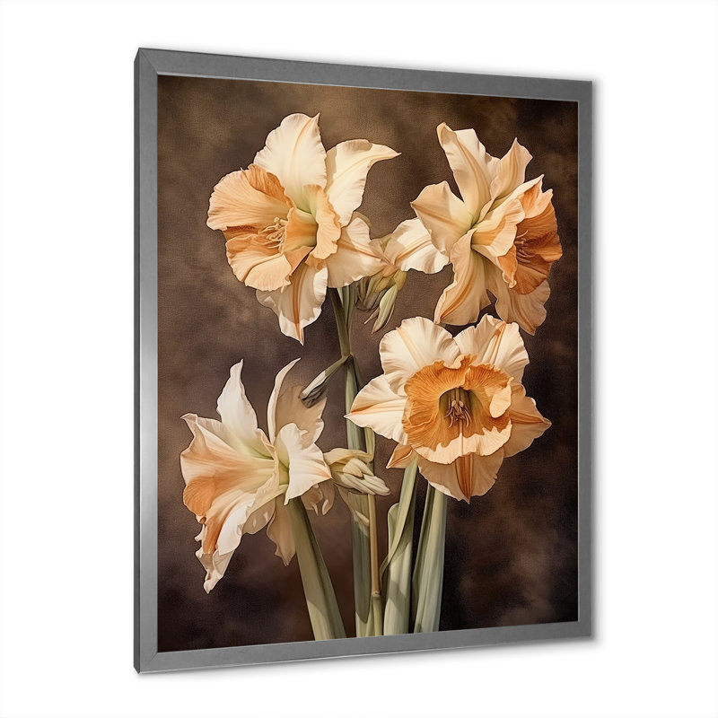 " Brown Green Daffodils Natures Impression ", 20" H x 12" W x 1" D, Silver Single Picture Framed
