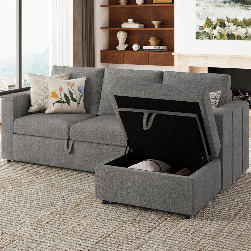 Rafael L-Shaped Modular Sleeper Sectional with Storage , Light Gray Chenille