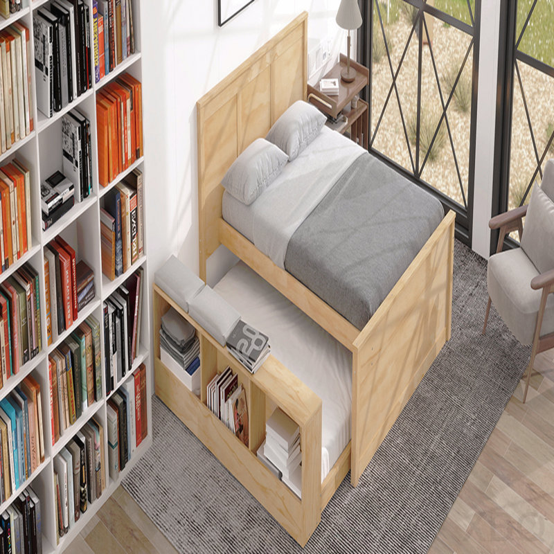 Lit plateforme double en bois avec lit gigogne escamotable et armoire de rangement, Double