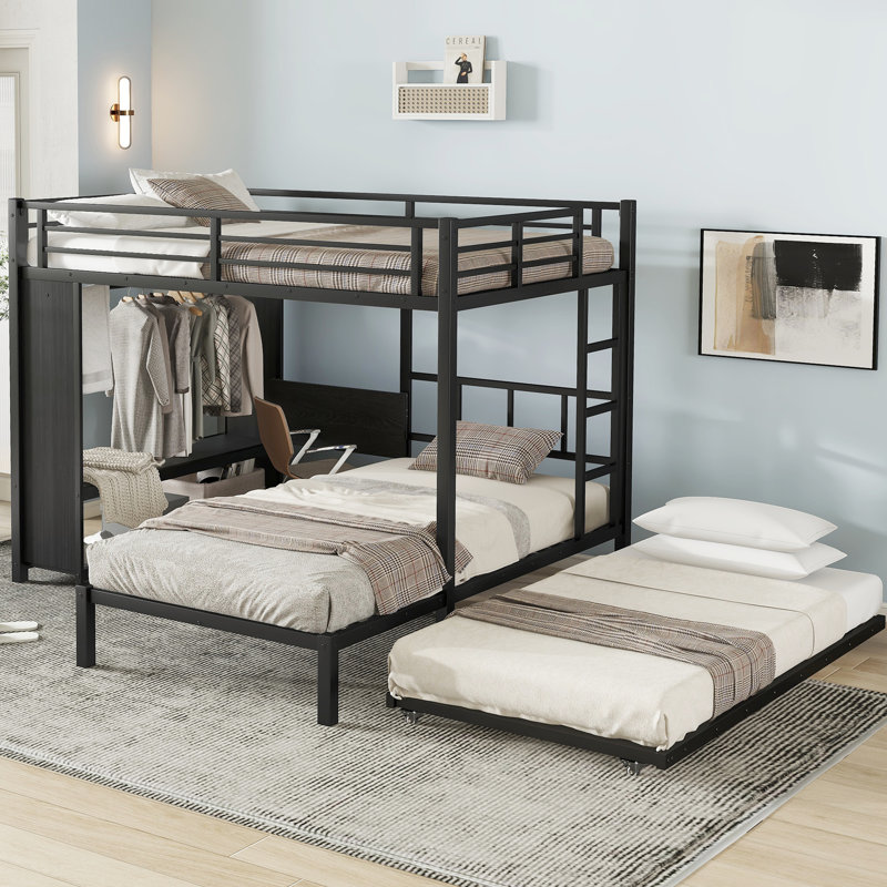 Lit superposé double au-dessus d'un lit double en métal de couleur noire avec garde-robe intégrée, lit gigogne, table pliante, système d'utilisation efficace de l'espace, procédé de revêtement antirouille, bureau pliable à installation rapide,