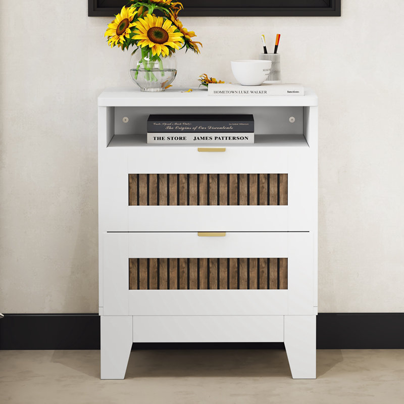 White and Brown Wooden 2-Drawer Farmhouse Nightstand