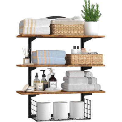 Étagères flottantes de salle de bain avec panier de rangement | Étagères flottantes à 3 niveaux au-dessus des toilettes, étagères de salle de bain arquées de 61 cm, bois rustique et métal noir