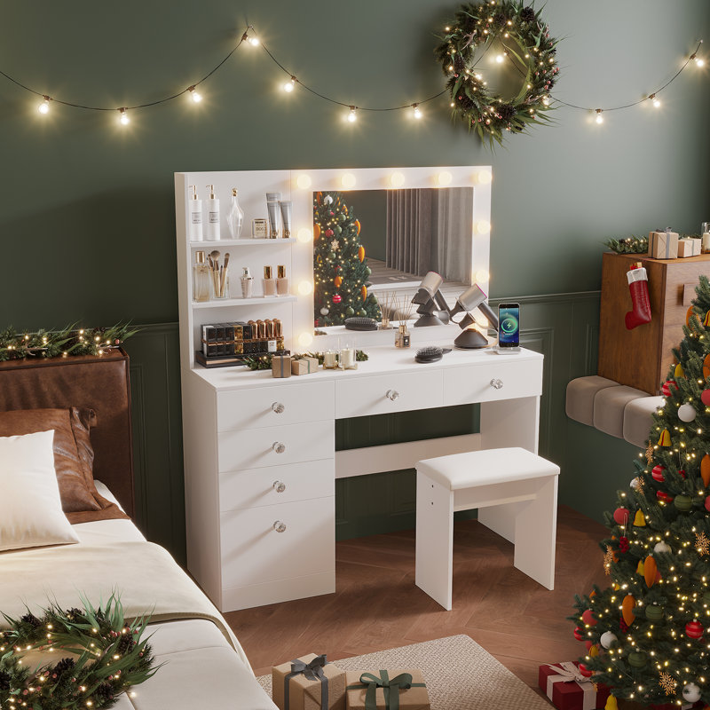 Greyden Makeup Vanity with Lighted Mirror, Outlets and 6 Drawers, White