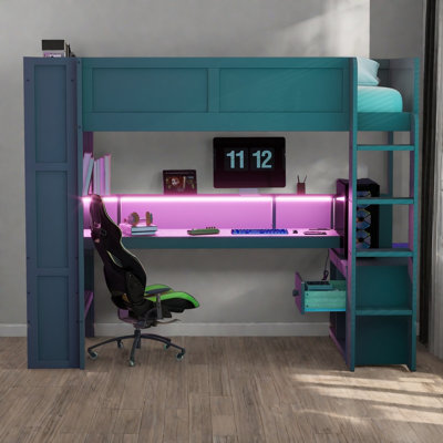Twin Size Gaming Loft Bed With Led Lights, Charging Station, Built-in Desk & Storage - No Box Spring Needed