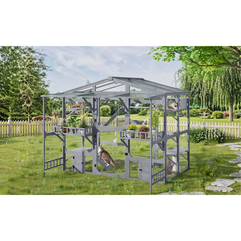 Large Outdoor Catio for 6-10 Cats, Pine Wood Cat Cage Outdoor with Weatherproof Roof, 6 Platforms, Climbing Ramp, 1 Resting Box and Cat Scratching Post, Outdoor Cat House with Storage Shelves, Grey