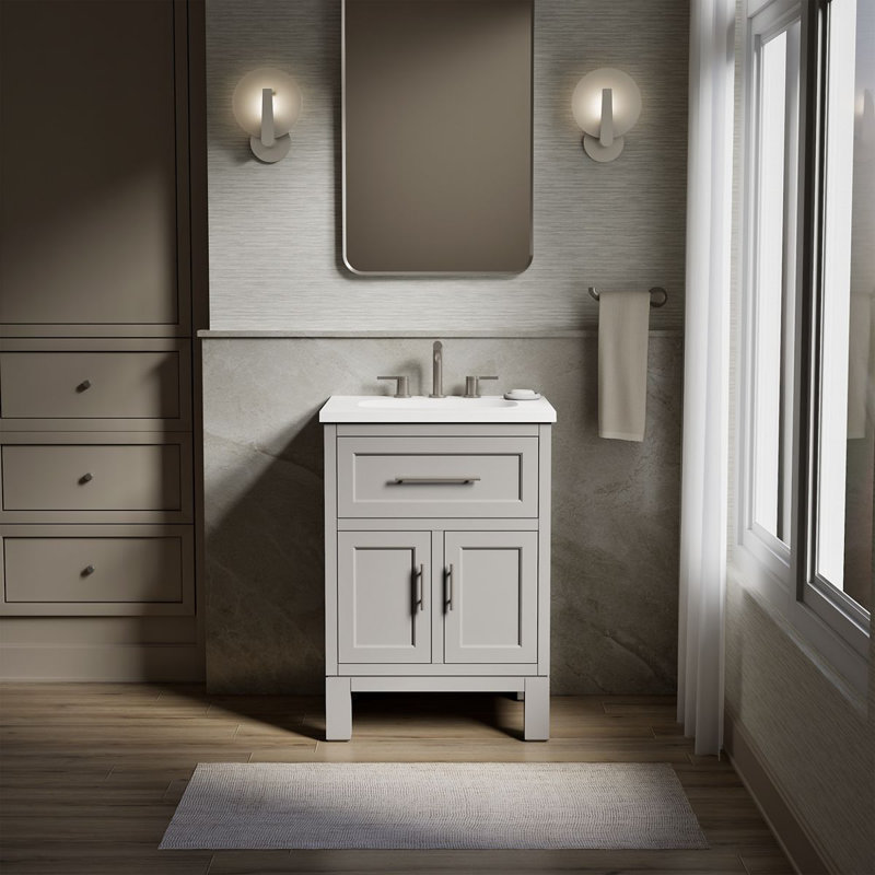 Quo 25'' Wall Mounted Single Bathroom Vanity with Solid Wood Top, Mohair Gray