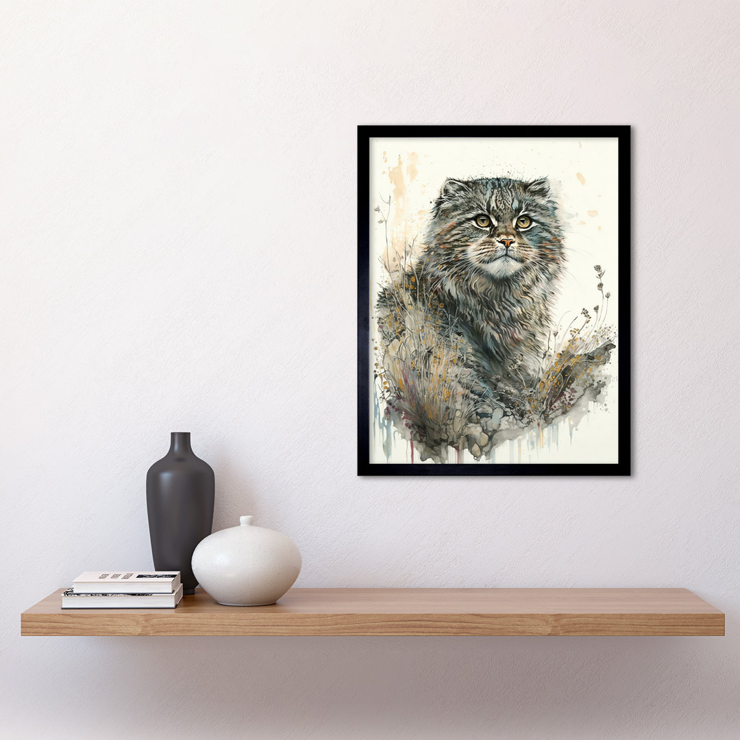 Manul Pallas Cat Portrait In Wildflowers Watercolour - Single Picture Frame Print