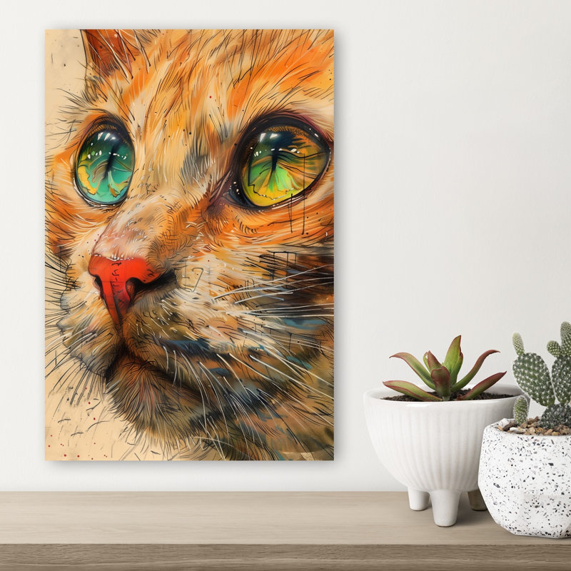 «Vibrant Orange Cat Gaze», art mural moderne, H 18 po x l 12 po