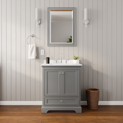 Deborah 30 Inch Single Bathroom Vanity in Dark Gray, Carrara Cultured Marble Countertop, Undermount Square Sink (3-Hole), Polished Chrome Trim, 24 Inch Mirror