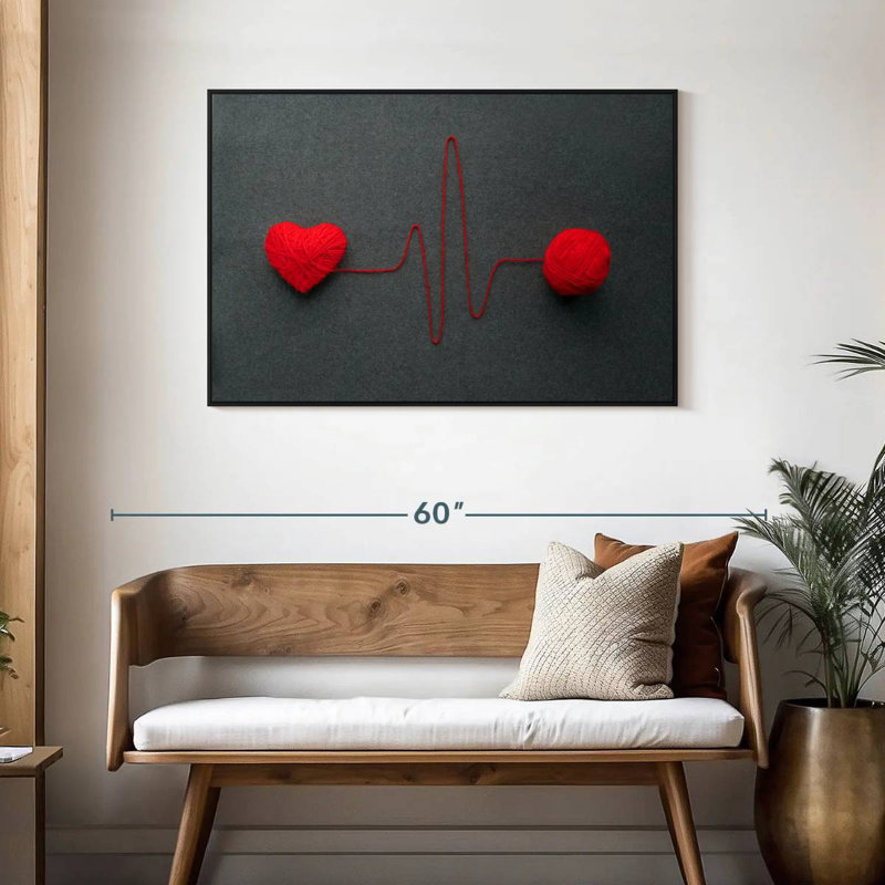 Ligne de cœur rouge en laine, Cadre flottant noir, 43 po x 29 po