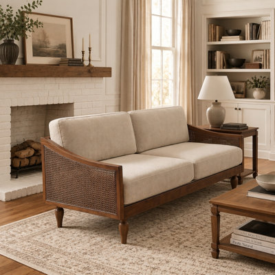 Canapé Mid-Century 3 places avec revêtement en chenille doux, accoudoirs en rotin et pieds en bois d'hévéa pour une vie moderne