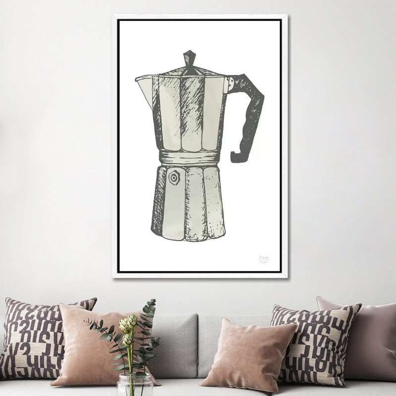 Espresso Coffee Maker - Print on Canvas, 152.4cm H x 101.6cm W x 3.81cm D, White Floater Framed