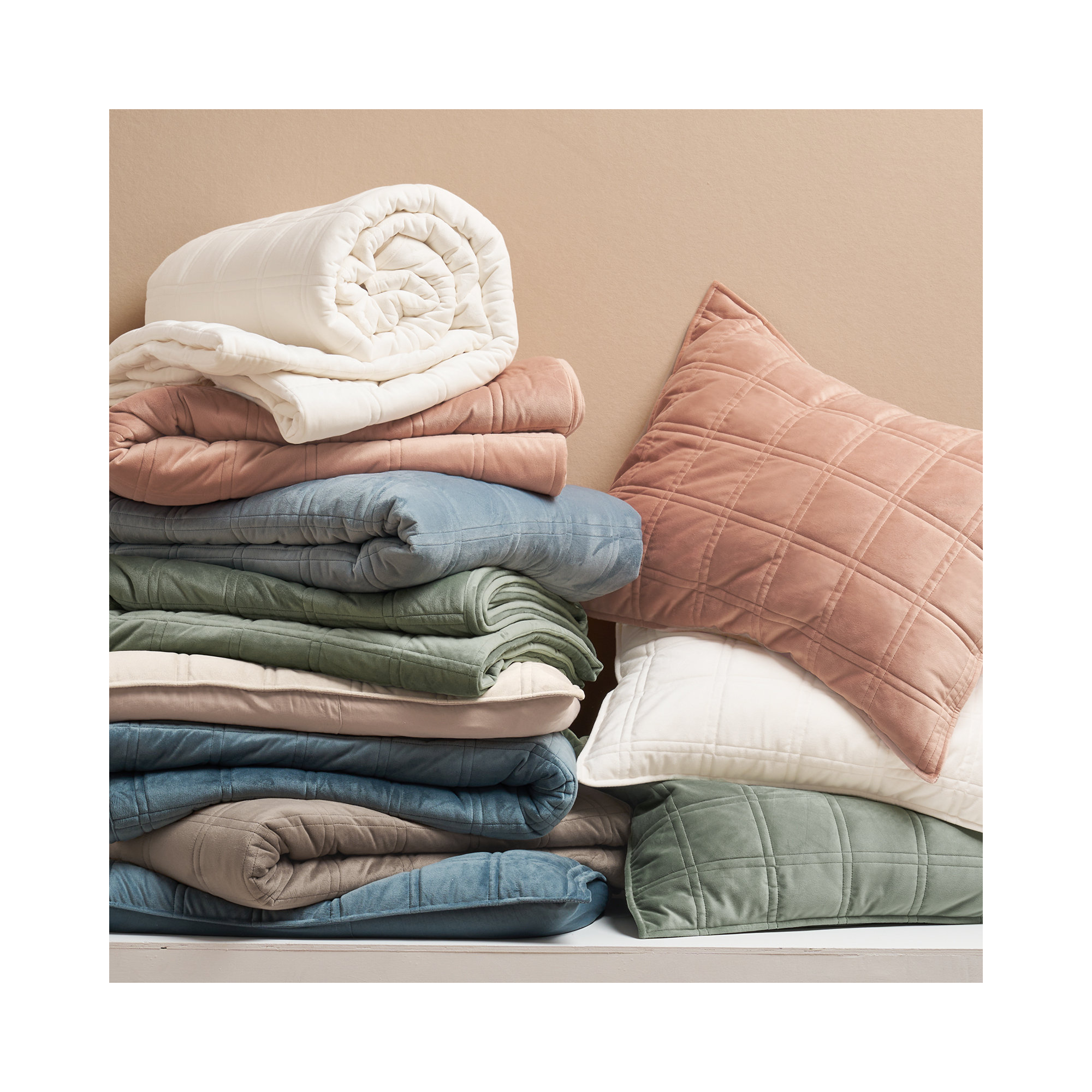 Double Box Stitch Velvet Quilt set, Cream White, Queen Quilt + 2 Queen Shams