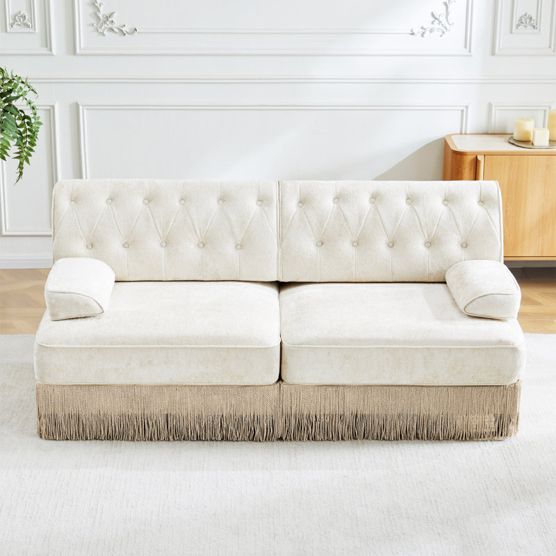Soft Velvet Fabric Chesterfield Style Sofa,Button Tufted Design,Floor-Grazing Tassel Fringe Skirt,Easy To Assemble,Free Combination,For Living Rooms Rest Areas Bedroom