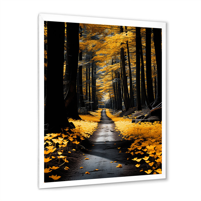 Sentier de solitude dans la forêt jaune - art mural floral, salon, H 32 po x l 16 po x P 1 po, Cadre photo blanc