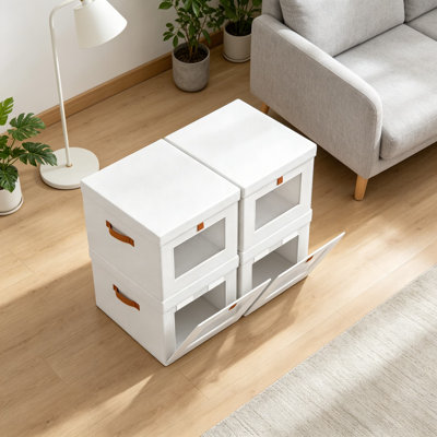 Storage Bins with Lid, 4 Pack Foldable Fabric Baskets with Side Opening and Clear Window, Stackable Closet Organizer for Clothes, Home, Office, 13.77 x 11.8 x 9.8 Inches, White