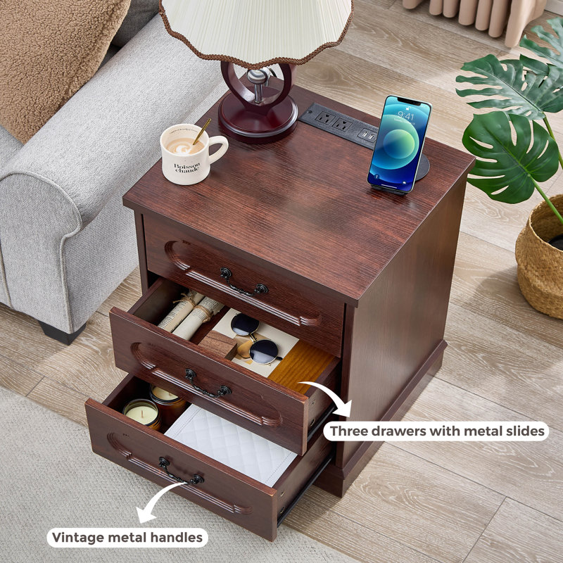 Farmhouse 3 Drawer Dresser for Bedroom with Charging Station, Rustic Small Drawers Dressers Nightstand, Cherry Red