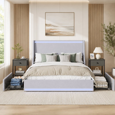 3-Piece Gray Upholstered Bedroom Set with LED Platform Bed, Charging Station, 2 Storage Drawers and 2 Nightstands with Drawer & Shelf