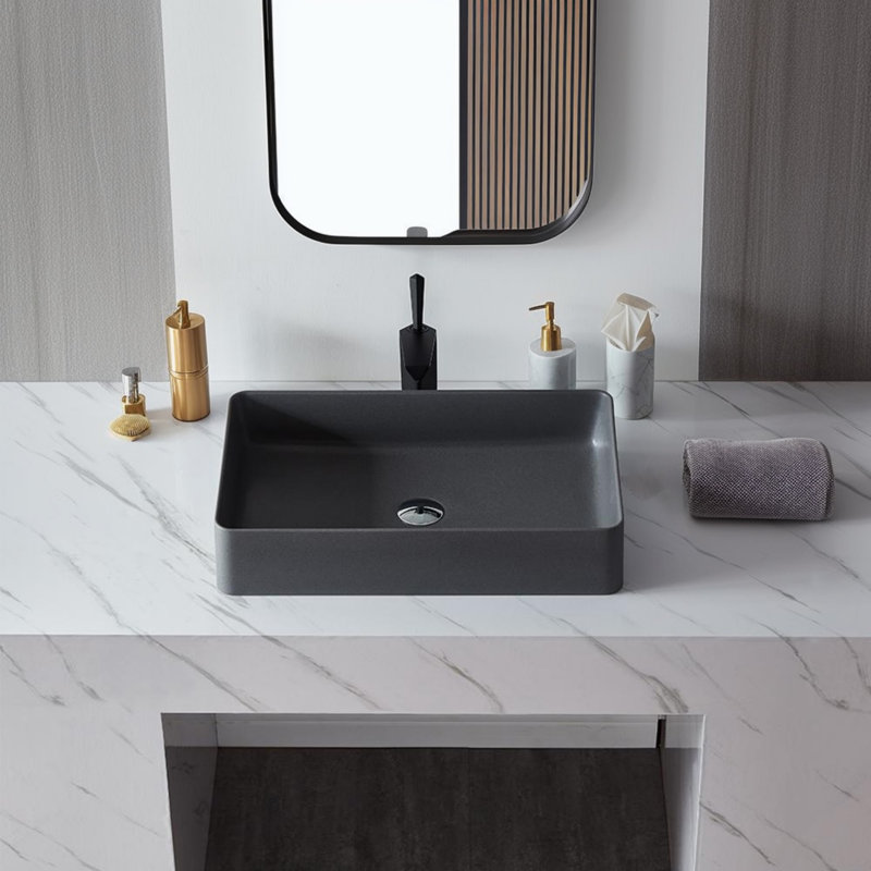Lavabo de salle de bain vasque rectangulaire en résine 19,7 "x 14,2" avec bonde escamotable, Gris mat